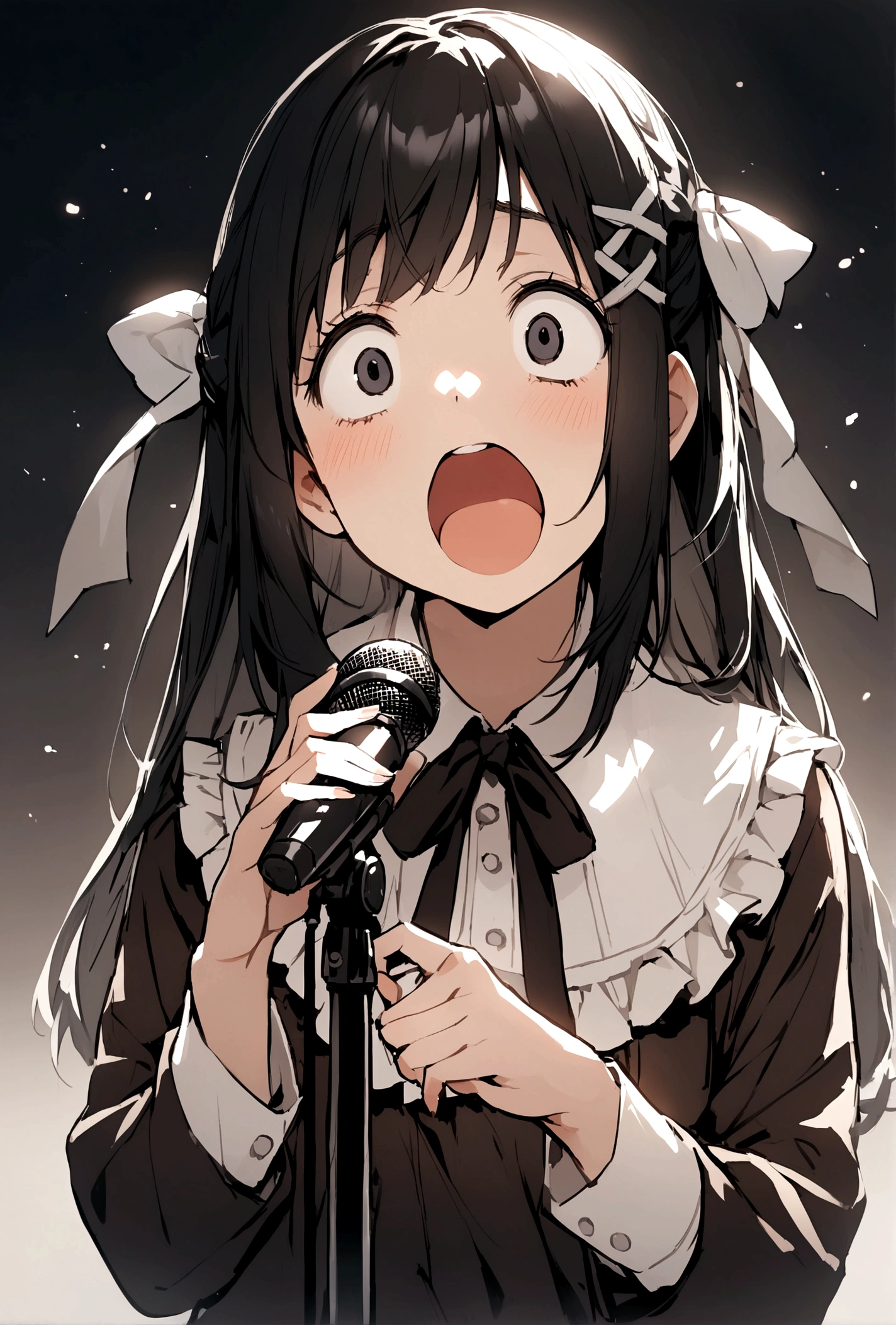Black Hair、Wide-open eyes、Ribbon hair ornament on the right、singing、Girl