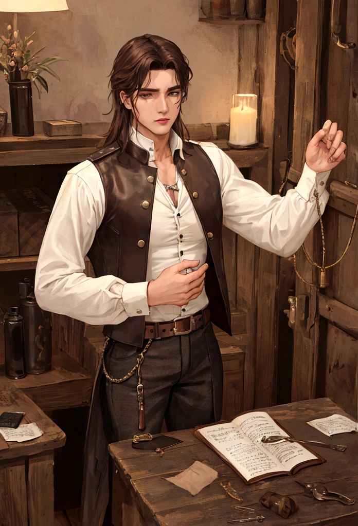 count, 25 years old. He favored loose, fine linen shirts and breeches that allowed him ease of movement, often in earthy tones to contrast his wild nights. A leather vest, adorned with metal fastenings, often replaced the heavy doublet, and his boots, though less polished, were of the finest craftsmanship. His hair, free and flowing. .by OlchaS,hot, 4k ultradetailed,steamy, expressive, emotional,