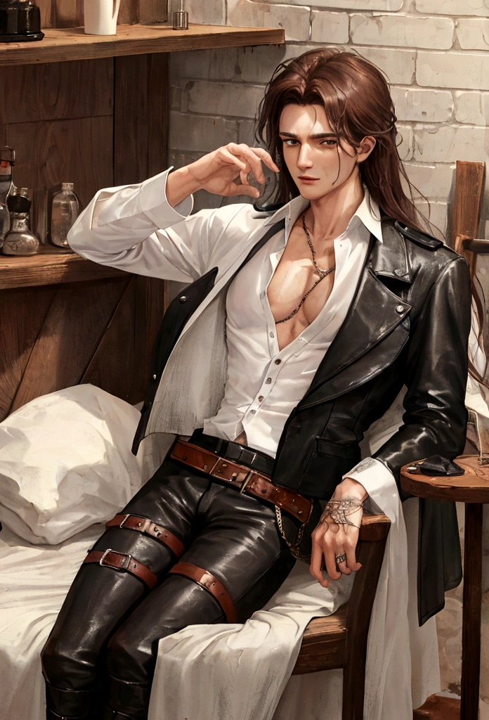 count, 25 years old. He favored loose, fine linen shirts and breeches that allowed him ease of movement, often in earthy tones to contrast his wild nights. A leather vest, adorned with metal fastenings, often replaced the heavy doublet, and his boots, though less polished, were of the finest craftsmanship. His hair, free and flowing. .by OlchaS,hot, 4k ultradetailed,steamy, expressive, emotional,