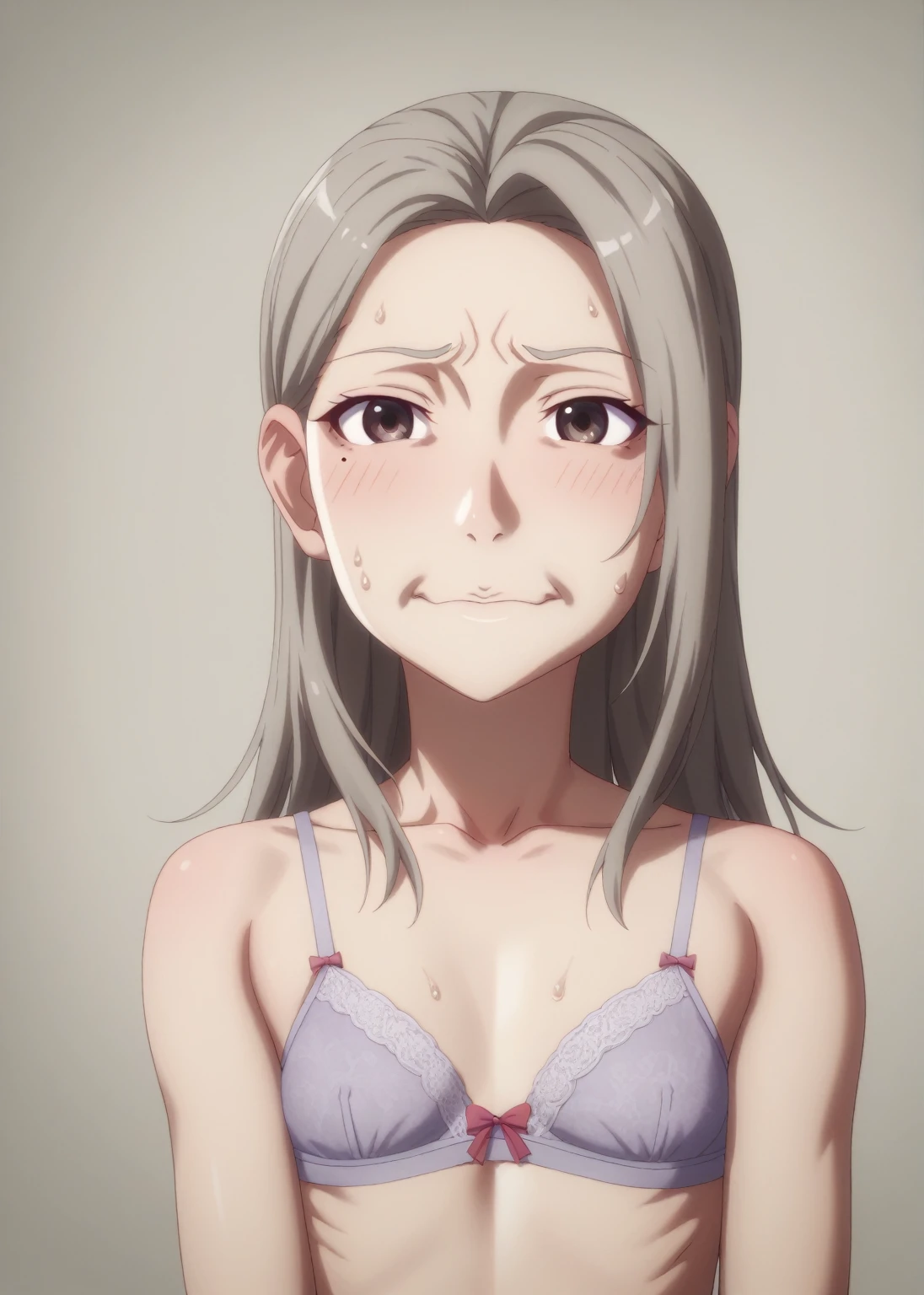 One person、masterpiece、Highest quality、Super detailed、High resolution illustrations、Improve skin quality、Increase eye appeal、Drawn in detail、Perfect body structure、Old woman、Are thin、Tall、Take off your clothes、Showing off your bra、Flat chest、Small breasts、Skin blemishes、Skin wrinkles、Aged skin、Wrinkled skin、Business district、Embarrassing、Shy laugh、Sweat it out、Sigh、Heat、Dark Eyes、Downcast eyes、mole、