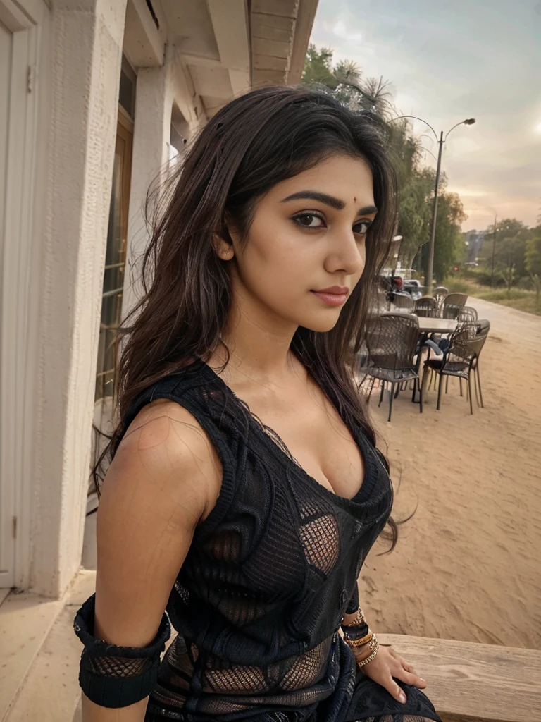 Raw photo, realistic,girl,Indian girl,age 22, full body,pale skin, body, beautiful face, detailed face,black fishnet sweater dress,big breasts, upper body, sitting, cowboy shot, outdoor, night, restaurant, ((looking at viewer:1.4)),((face towards me)), from below,side profile