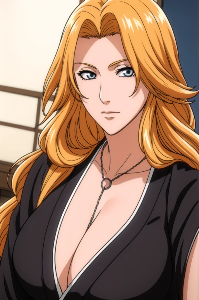 very tempting pose, sitting in bed, bedroom Background, black shirt,kimono, japanese clothes, collarbone, cleavage, jewelry, necklace, blue eyes, Blonde hair,bangs,Long_hair, 1 girl, 20yo,Young female,Beautiful Finger,Beautiful long legs,Beautiful body, Beautiful Nose,Beautiful character design, perfect eyes, perfect face,expressive eyes,perfect balance, looking at viewer,(Focus on her face),closed mouth, (innocent_big_eyes:1.0),(Light_Smile:0.3), official art,extremely detailed CG unity 8k wallpaper, perfect lighting,Colorful, Bright_Front_face_Lighting,White skin, (masterpiece:1.0),(best_quality:1.0), ultra high res,4K,ultra-detailed, photography, 8K, HDR, highres, absurdres:1.2, Kodak portra 400, film grain, blurry background, bokeh:1.2, lens flare, (vibrant_color:1.2),professional photograph, (Beautiful,large_Breasts:1.4), (beautiful_face:1.5),(narrow_waist),