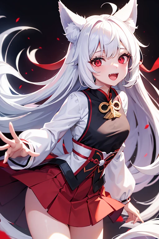1girl, solo, white hair, red eyes, fox ears, fox girl, angel wings, hanfu, silk, long sleeves, open mouth, smile, fangs, look at the audience, cringe, silent echo, revealing skirt