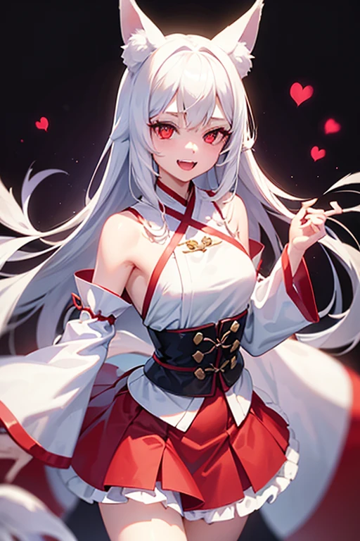 1girl, solo, white hair, red eyes, fox ears, fox girl, angel wings, hanfu, silk, long sleeves, open mouth, smile, fangs, look at the audience, cringe, silent echo, revealing skirt