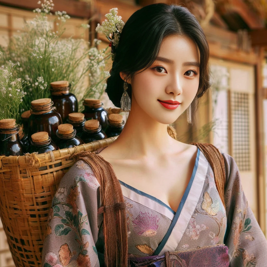 araffe woman in a kimono with a basket of flowers, palace ， a girl in hanfu, traditional beauty, hanfu, beautiful south korean woman, korean woman, 8k)), wearing ancient chinese clothes, hanbok, korean hanbok, beautiful young korean woman, korean girl, with acient chinese clothes, inspired by Yun Du-seo, traditional clothes