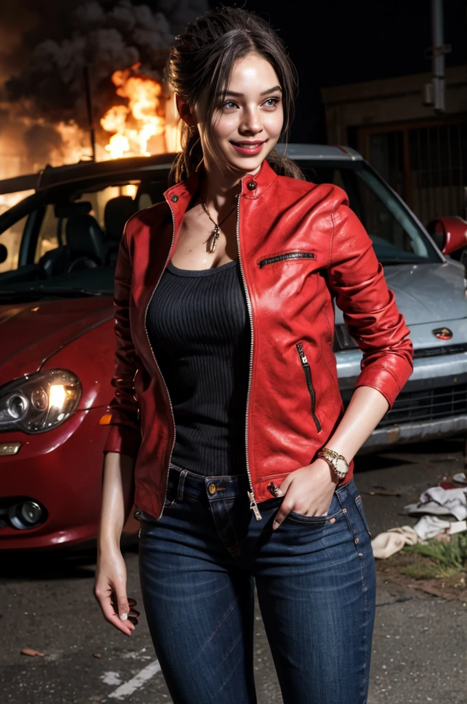 1girl, (realistic),(hyperrealism),(best quality),(masterpiece),(ultra high res),(photorealistic),idol,eye makeup,detailed eyes,detailed face,black dress, claireredfield2, brown hair, (red jacket:1.2), ponytail, (denim pants:1.3),, red wristband,, abandoned street, burning cars in background, littered street, smoke, chaos, zombie apocalypse, daytime, sunny,, hands in pocket, looking at viewer, smiling, closeup shot