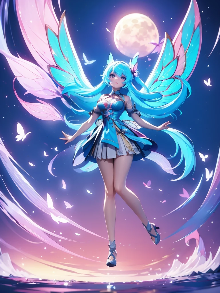 Seizo Watase style, Simple Line Initialism，Abstract art, 3d character ,(((The most beautiful girl of all time))),  (full body 1.2), only girl, long hair, bufferfly and sky background, 25 year old, full body, (((8k))), (((3d)), blue and pink hair, Large butterfly wings on the back,  moon,  Arms spread horizontally, face slightly up