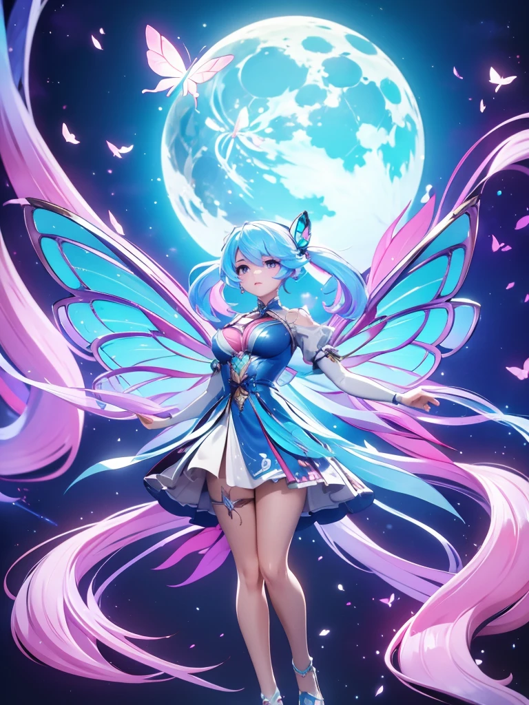 Seizo Watase style, Simple Line Initialism,Abstract art, 3d character ,(((The most beautiful girl of all time))), (full body 1.2), only girl, long hair, bufferfly and sky background, 25 year old, full body, (((8k))), (((3d)), blue and pink hair, Large butterfly wings on the back, moon, Arms spread horizontally, face slightly up