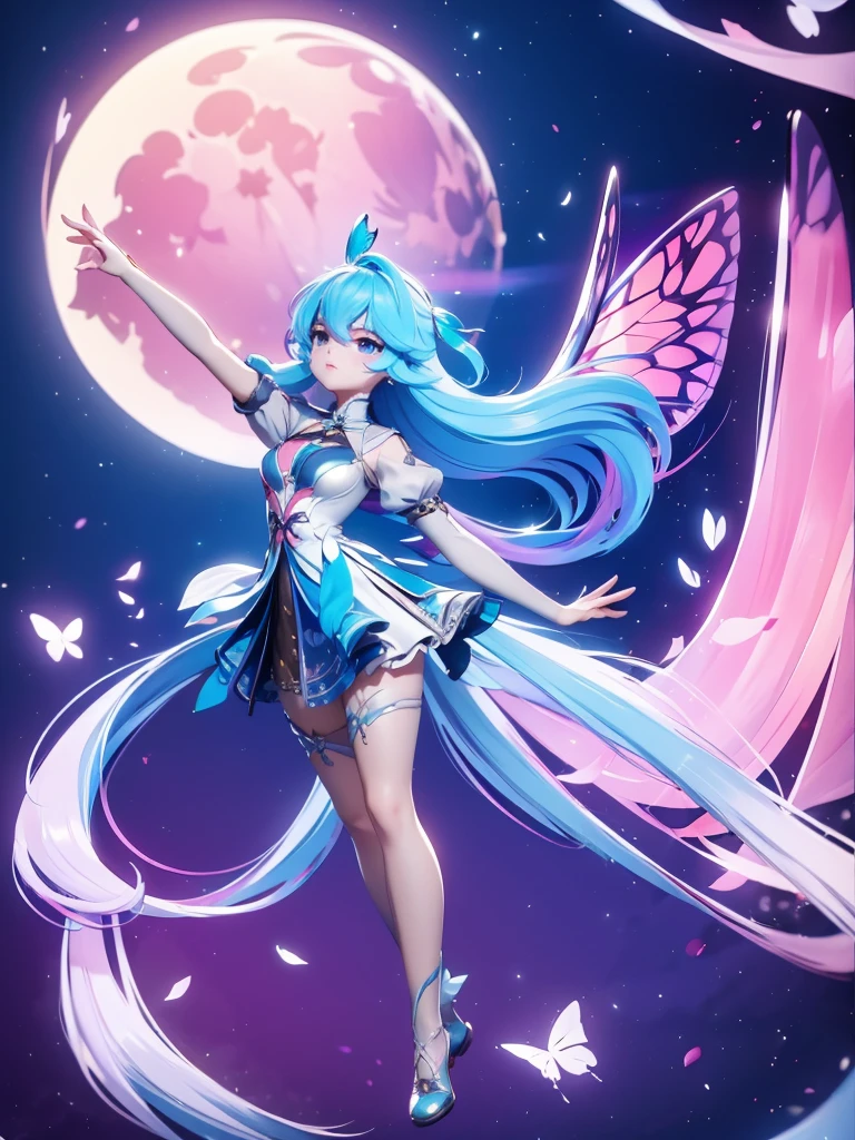 Seizo Watase style, Simple Line Initialism,Abstract art, 3d character, colorful hearts ,(((The most beautiful girl of all time))), (full body 1.2), only girl, long hair, bufferfly and sky background, 25 year old, full body, (((8k))), (((3d)), blue and pink hair, Large butterfly wings on the back, moon, ballet dance, one hand raised above