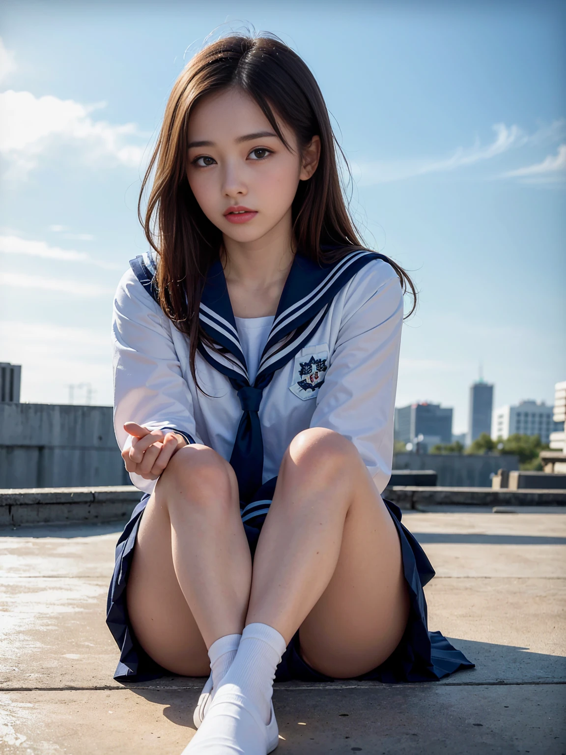 (Highest quality, 8K, 32k, table Top, Hmph (English) (English) (English) (English) (English):1.2), (original phoTo), (Realistic), (Realistic:1.2), (High resolution), Giant file size, 非常To詳細, Very beautiful face & eye, 1 Girl, (~To, :1.2), Junior, Round and small face, Narrow waist, Giant, Slim proportions, (Japanese Sailor Suit, sailor fuku, Angel, Japanese school sailor uniform, Dark blue pleated skirt:1.27), (밑To서부터, White Thong, between legs:1.24、The wind blows up my skirt、Panties and ass exposed), RoofTops of the City of Dawn,