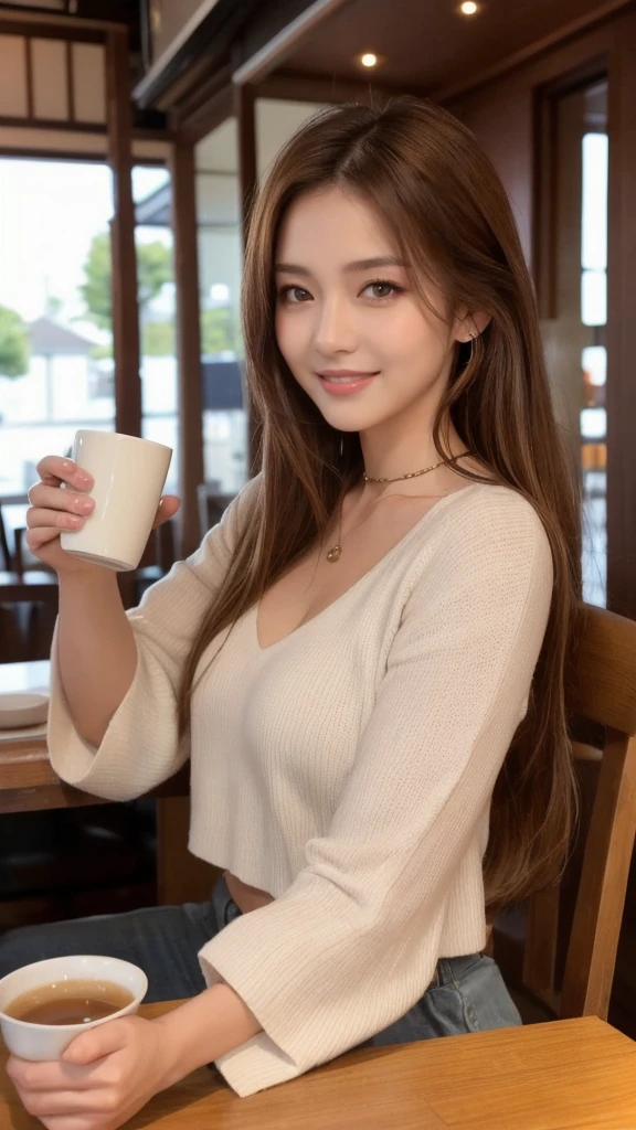 solo Detailed and realistic portrait of a beautiful young Asian woman。She has long light brown hair and big light brown eyes. ((medium breast, tomboy girls, small head)), daylight, sunlight, (chiseled abs : 1.1), (perfect body : 1.1), auburn hair, collar, chain, full body shot, , Top quality, 1 beautiful woman, long Hair, brown hair, Behind the wooden table of a yakitori restaurant、Beautiful woman sitting。She is wearing a summer knit with bell sleeves.、He holds his mug of beer high towards me.、Taking a toasting pose。A shot from the front、Her carefree and cute smile、It brightens up the atmosphere of the place.。The faint smell of yakitori smoke drifts through the air.、A moment in a warm and comfortable atmosphere。