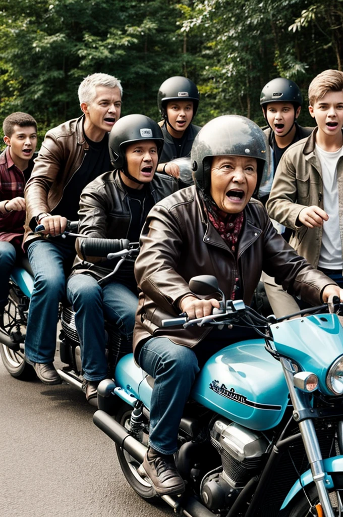 An old woman on a motorcycle in front of a group of teenage boys who are surprised 