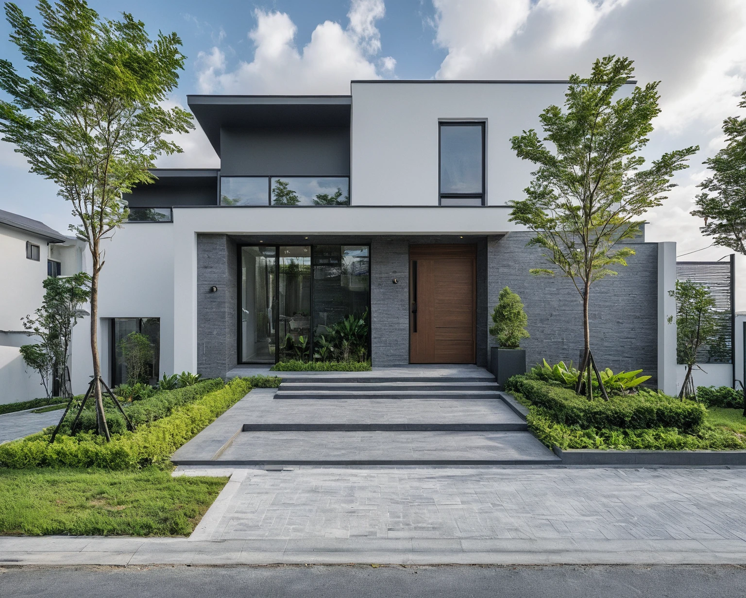 Raw photo, masterpiece, high quality, best quality, realistic, super detailed, outdoor, 2-storey house, modern townhouse style, (white wall), curved wall facade, aluminum interior door glass, curved planter, gray tiled accent wall, gray iron box exterior gate, road, sidewalk, grass, trees, sky, clouds, (daylight):1.1)
