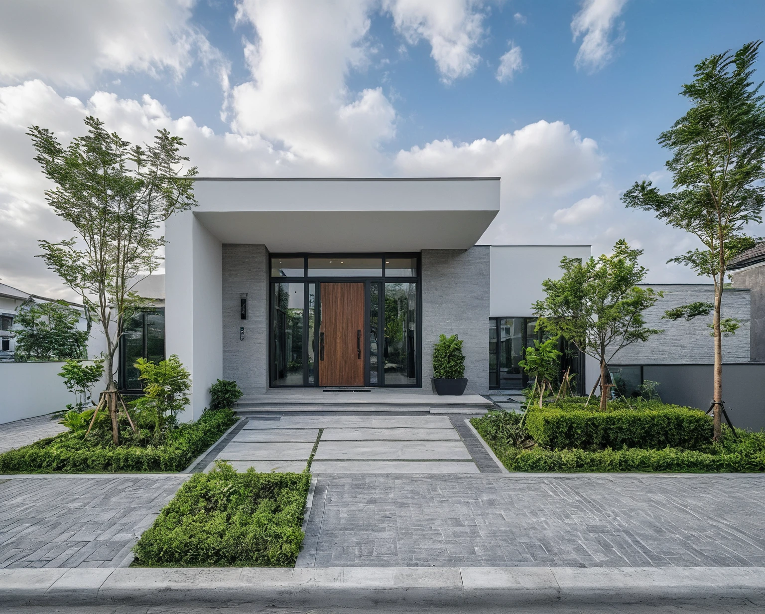 Raw photo, masterpiece, high quality, best quality, realistic, super detailed, outdoor, 2-storey house, modern townhouse style, (white wall), curved wall facade, aluminum interior door glass, curved planter, gray tiled accent wall, gray iron box exterior gate, road, sidewalk, grass, trees, sky, clouds, (daylight):1.1)