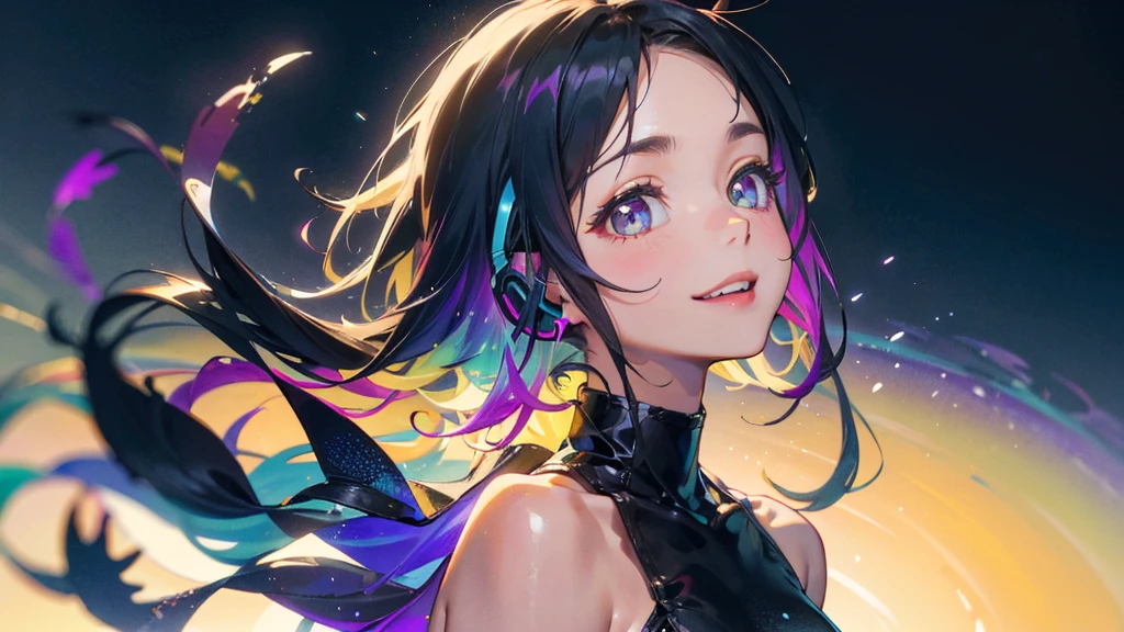 A 20-year-old female、black blue hair、Berry short hair、Put on your headphones, A bright smile、(High-top gradient:1.3)、mute、Soft colors、High contrast、Colorful background futuristic city、(Natural skin texture、Surrealism、Soft Light、sharp)