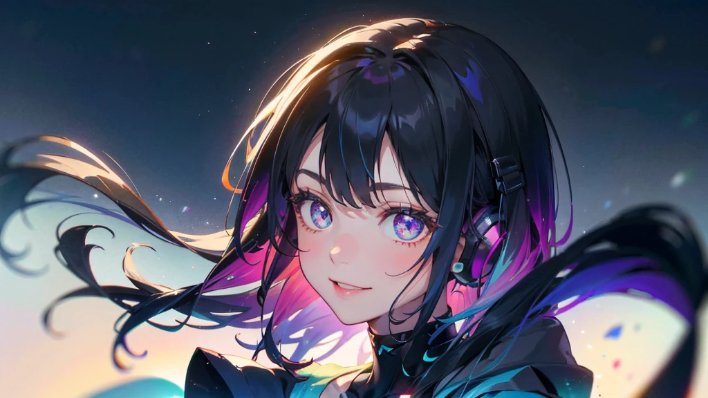 A 20-year-old female、black blue hair、Berry short hair、Put on your headphones, A bright smile、(High-top gradient:1.3)、mute、Soft colors、High contrast、Colorful background futuristic city、(Natural skin texture、Surrealism、Soft Light、sharp)