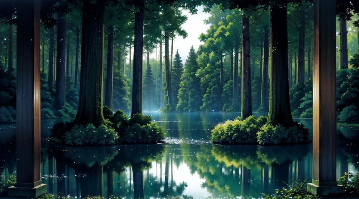 A dark, enchanted forest with a mystical lake at its center. The forest is dense with towering trees and thick underbrush, illuminated by glowing fireflies. Moonlight filters through the canopy, reflecting off the calm surface of the lake. An ancient, hidden temple stands in the background, shrouded in mystery.