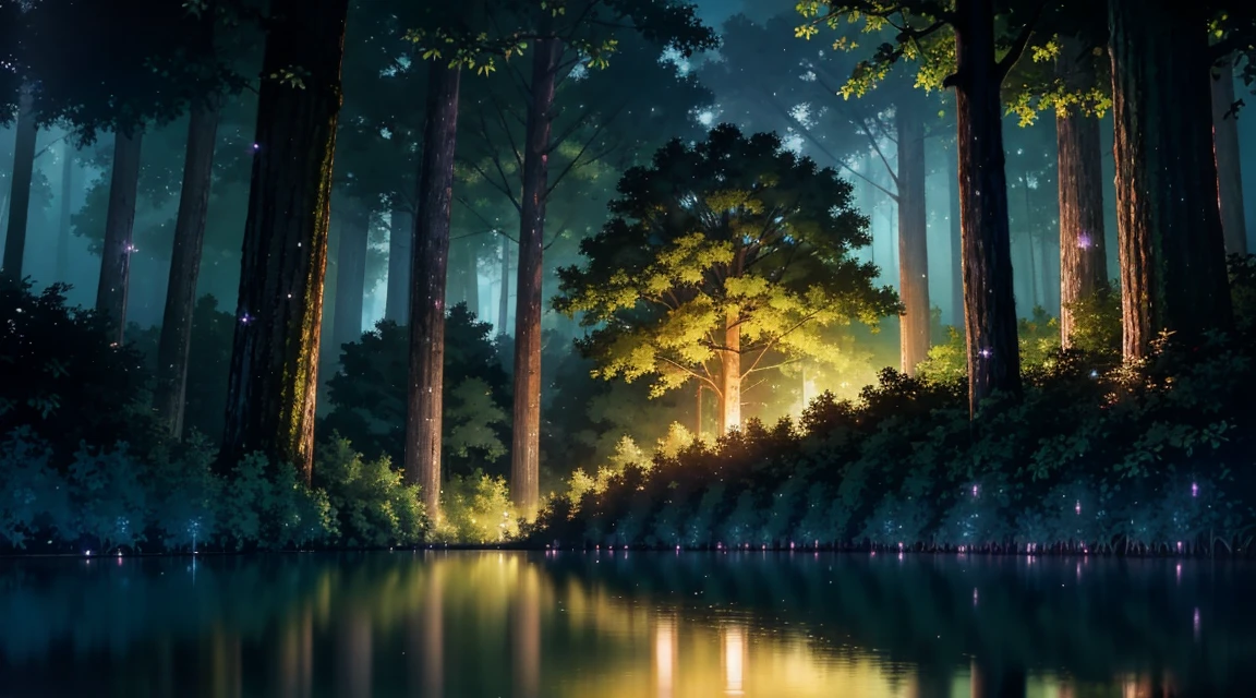 A dark, enchanted forest with a mystical lake at its center. The forest is dense with towering trees and thick underbrush, illuminated by glowing fireflies. Moonlight filters through the canopy, reflecting off the calm surface of the lake. An ancient, hidden temple stands in the background, shrouded in mystery.