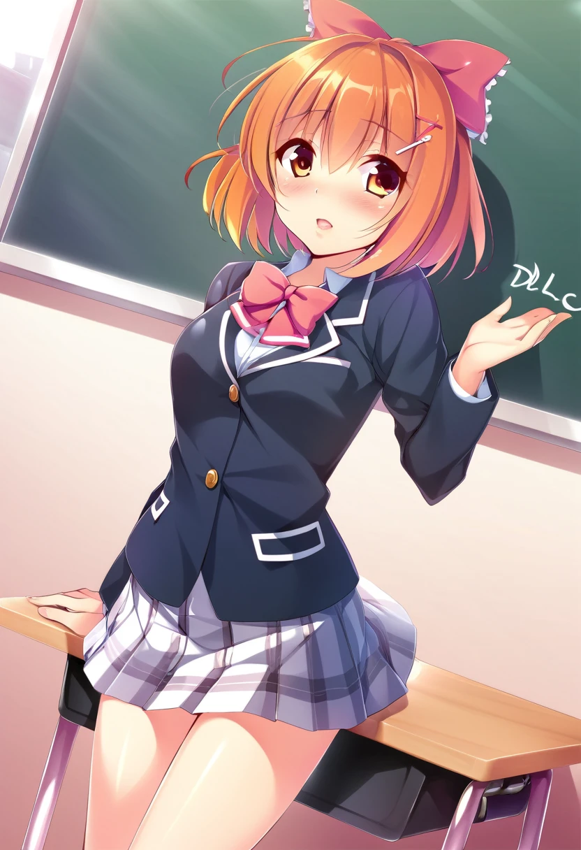 one girl, Sayori, hair bow, short hair, school blazer, orange hair, DDLC