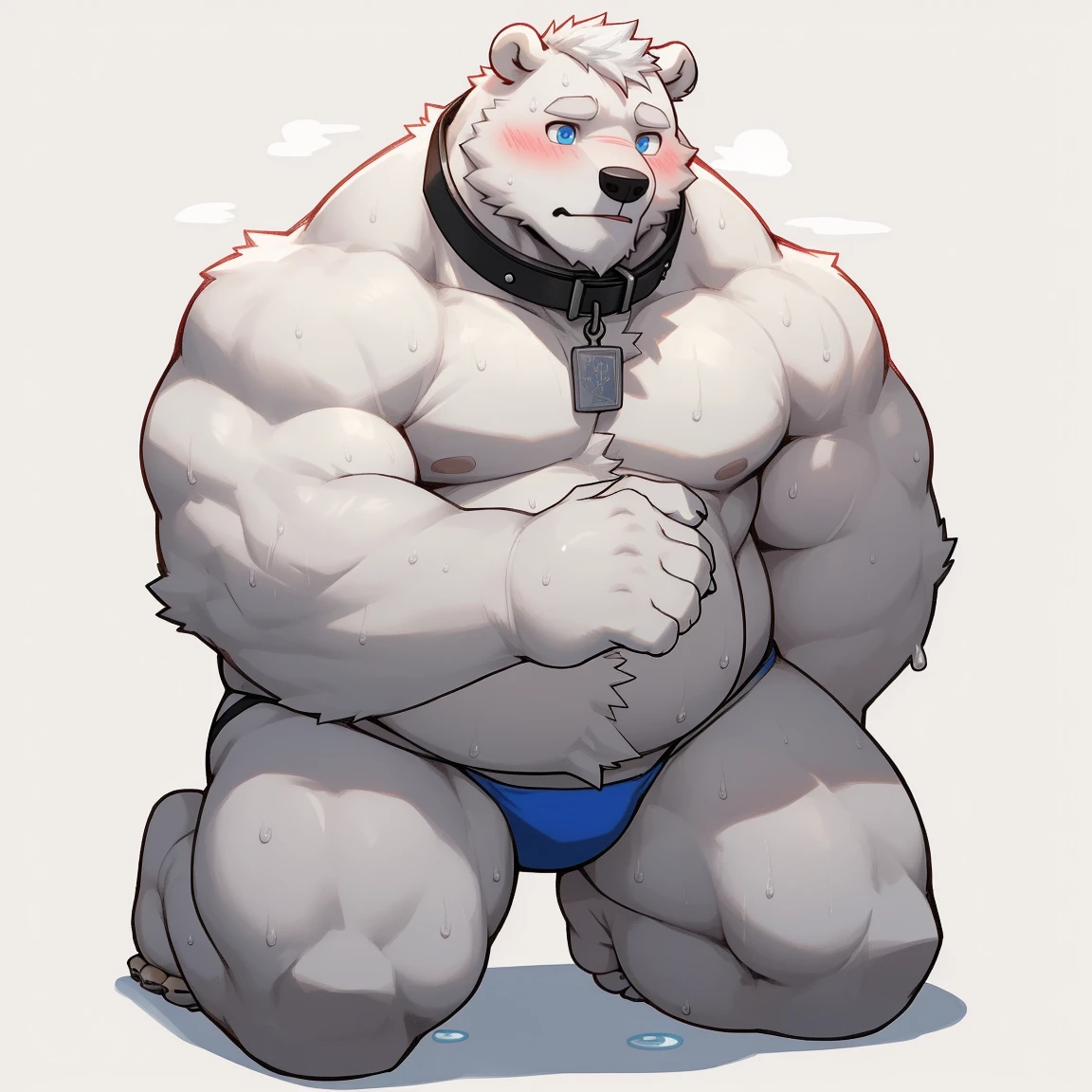 masterpiece, best quality, 8k resolution, Very detailed, hairy，(((polar bear))，(((Mature)))，(((beard))),(((fat)))，(((White hair all over body)))，(((portrait)))，(((White hair)))，(((Kneel at your feet))),(((Blue Eyes)))，(((Shirtless))),(((Sweat)))，(((Blushing)))，Highest quality scene，(((Hip bulge)))，((( Heads up))),(((Kneeling)))，(((Fat-enclosed muscle)))，(((Round face)))，(((Collar)))，(((Strong body)))，(((Shameful)))，((sweaty))，(((Thong)))