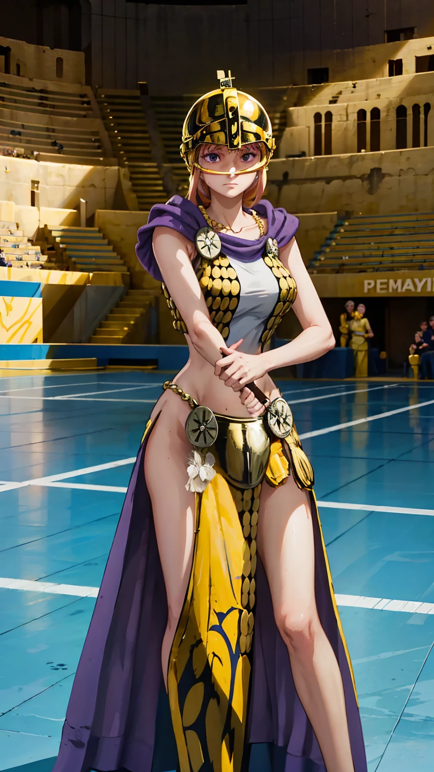 The arena is bathed in sunlight, filled with the roar of the crowd as intense battles unfold. Spectators include citizens, royals, and even pirates, all fervently enjoying the matches.

Rebecca, adorned in a beautiful helmet and clad in the purple uniform of Dressrosa's soldiers, stands at the center of the arena. Her swordsmanship is graceful yet deadly, swiftly cutting down her opponents with precision and speed. Despite the fierce combat, her face remains serene and gentle, contrasting sharply with the intensity of her swordplay.

Surrounded by cheering spectators, among them her supportive family and friends, Rebecca catches the eye of royalty seated in the front rows, including her benefactor Kyros.

Throughout the match, Rebecca deftly dodges incoming attacks and delivers calculated strikes of her own. Her swordplay is akin to artistry, captivating the audience with each move. At times, the gleam of her blade catches the sunlight, symbolizing her strong will and skill as the focal point of the arena.

Deep within Rebecca's heart burns a fierce devotion to her kingdom and family, fuelling her determination on the battlefield. In her eyes, there's both a thirst for victory and a steadfast belief in fighting without causing harm to others.
