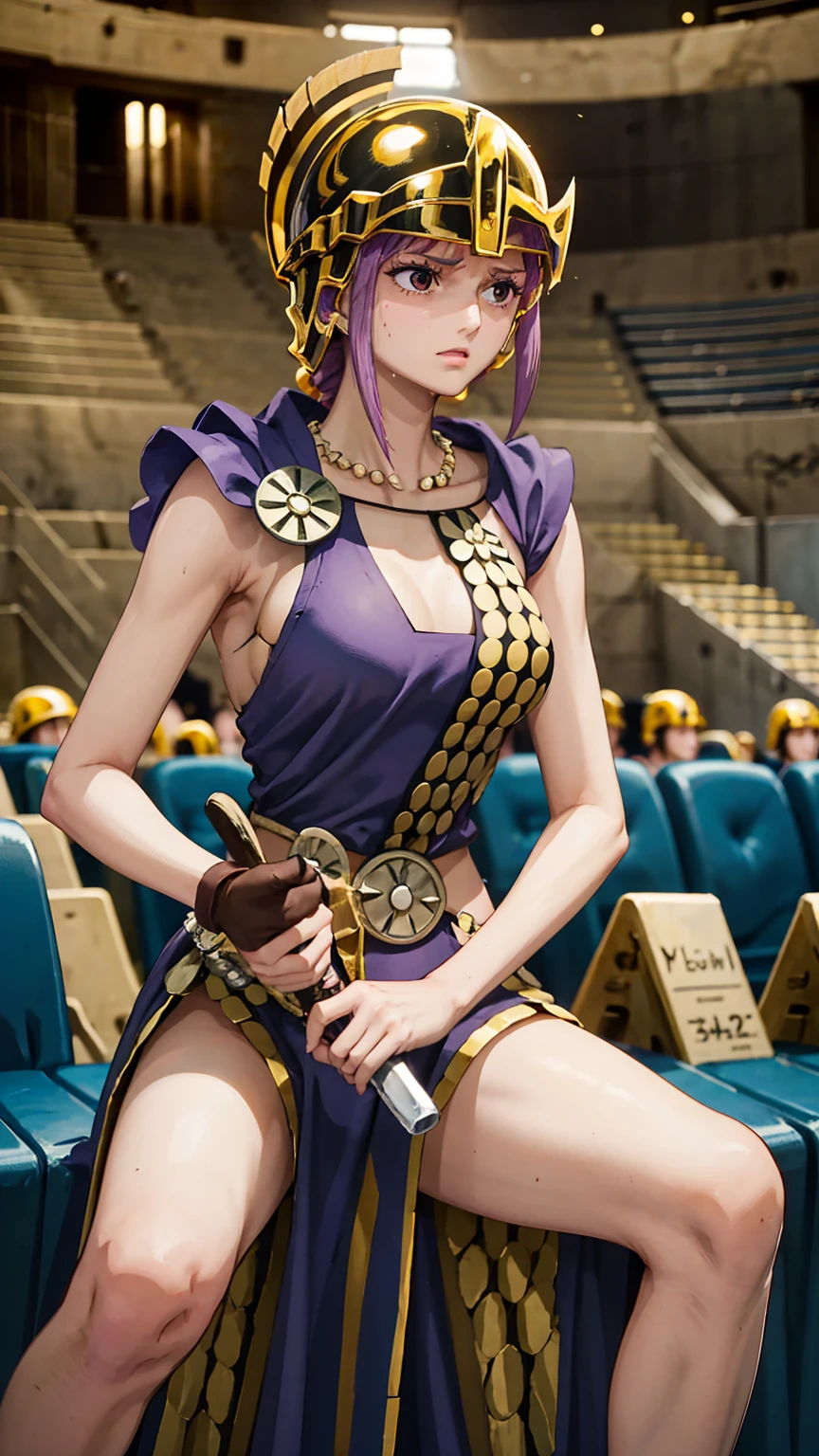 The arena is bathed in sunlight, filled with the roar of the crowd as intense battles unfold. Spectators include citizens, royals, and even pirates, all fervently enjoying the matches.
Rebecca, adorned in a beautiful helmet and clad in the purple uniform of Dressrosa's soldiers, stands at the center of the arena. Her swordsmanship is graceful yet deadly, swiftly cutting down her opponents with precision and speed. Despite the fierce combat, her face remains serene and gentle, contrasting sharply with the intensity of her swordplay.
Surrounded by cheering spectators, among them her supportive family and friends, Rebecca catches the eye of royalty seated in the front rows, including her benefactor Kyros.
Throughout the match, Rebecca deftly dodges incoming attacks and delivers calculated strikes of her own. Her swordplay is akin to artistry, captivating the audience with each move. At times, the gleam of her blade catches the sunlight, symbolizing her strong will and skill as the focal point of the arena.
Deep within Rebecca's heart burns a fierce devotion to her kingdom and family, fuelling her determination on the battlefield. In her eyes, there's both a thirst for victory and a steadfast belief in fighting without causing harm to others.
