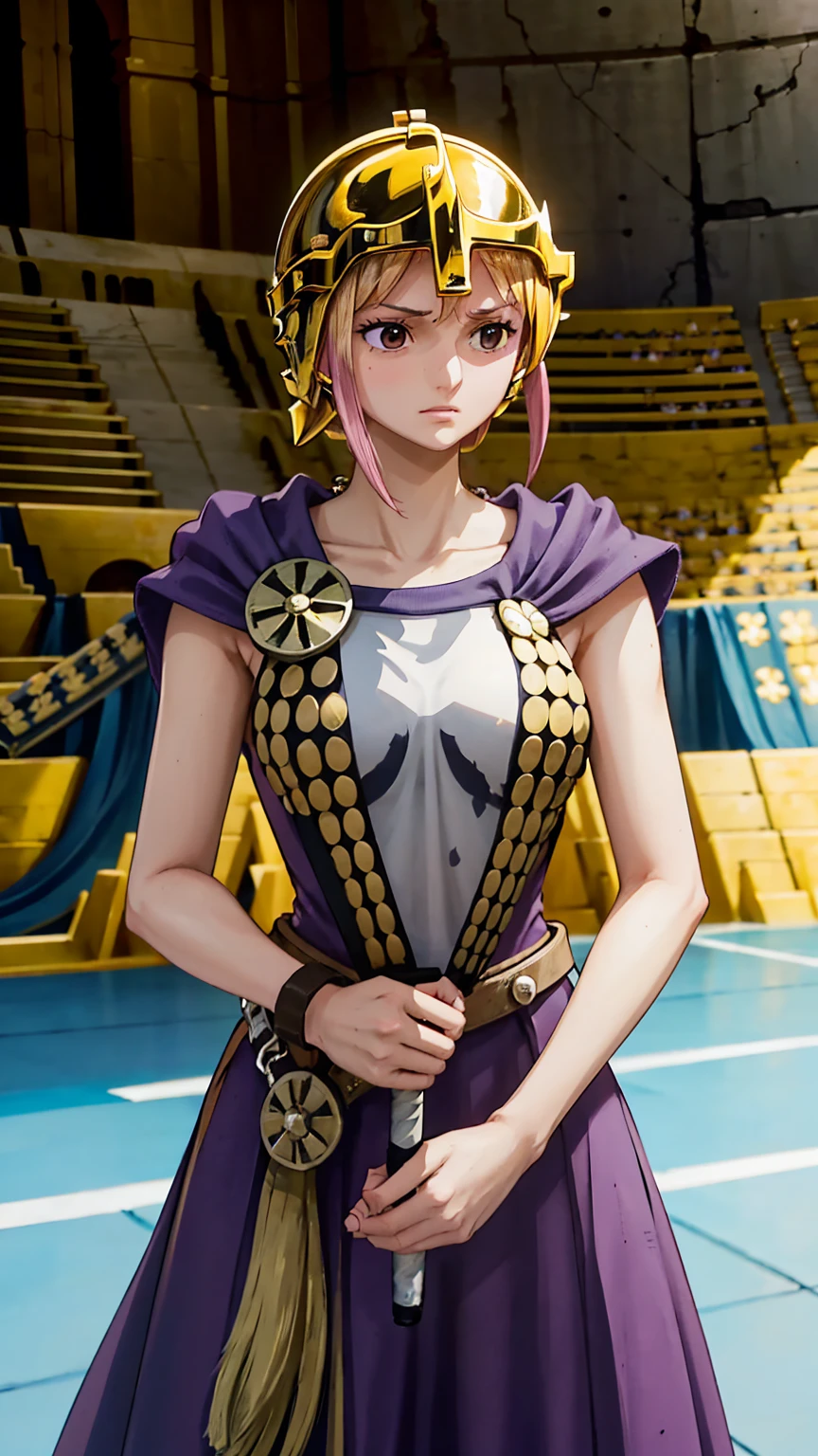 The arena is bathed in sunlight, filled with the roar of the crowd as intense battles unfold. Spectators include citizens, royals, and even pirates, all fervently enjoying the matches.

Rebecca, adorned in a beautiful helmet and clad in the purple uniform of Dressrosa's soldiers, stands at the center of the arena. Her swordsmanship is graceful yet deadly, swiftly cutting down her opponents with precision and speed. Despite the fierce combat, her face remains serene and gentle, contrasting sharply with the intensity of her swordplay.

Surrounded by cheering spectators, among them her supportive family and friends, Rebecca catches the eye of royalty seated in the front rows, including her benefactor Kyros.

Throughout the match, Rebecca deftly dodges incoming attacks and delivers calculated strikes of her own. Her swordplay is akin to artistry, captivating the audience with each move. At times, the gleam of her blade catches the sunlight, symbolizing her strong will and skill as the focal point of the arena.

Deep within Rebecca's heart burns a fierce devotion to her kingdom and family, fuelling her determination on the battlefield. In her eyes, there's both a thirst for victory and a steadfast belief in fighting without causing harm to others.
