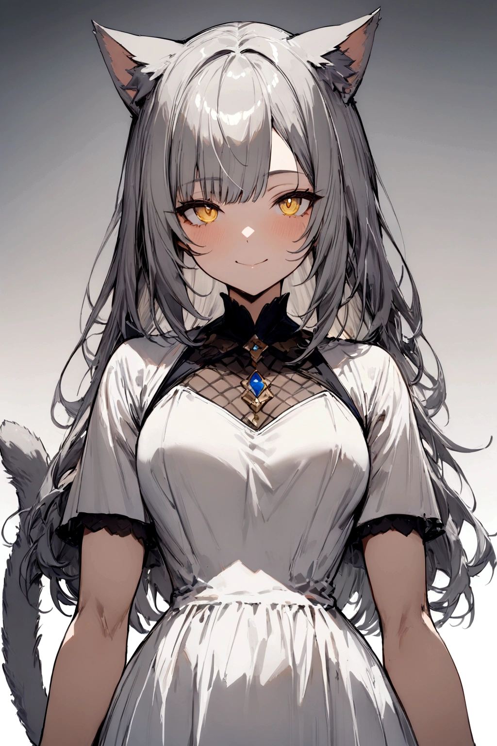 ((masterpiece)), ((best quality)), (from front, facing front:1.32), (close-up:1.2), (half-body shot:1.36), (side bangs hairstyle), perfect anatomy, 1girl, solo, adult cat girl, long gray straight hair, yellow round eyes, gray cat ears, a gray fluffy cat tail, short-sleeved loose white dress, smiling, looking at viewers
