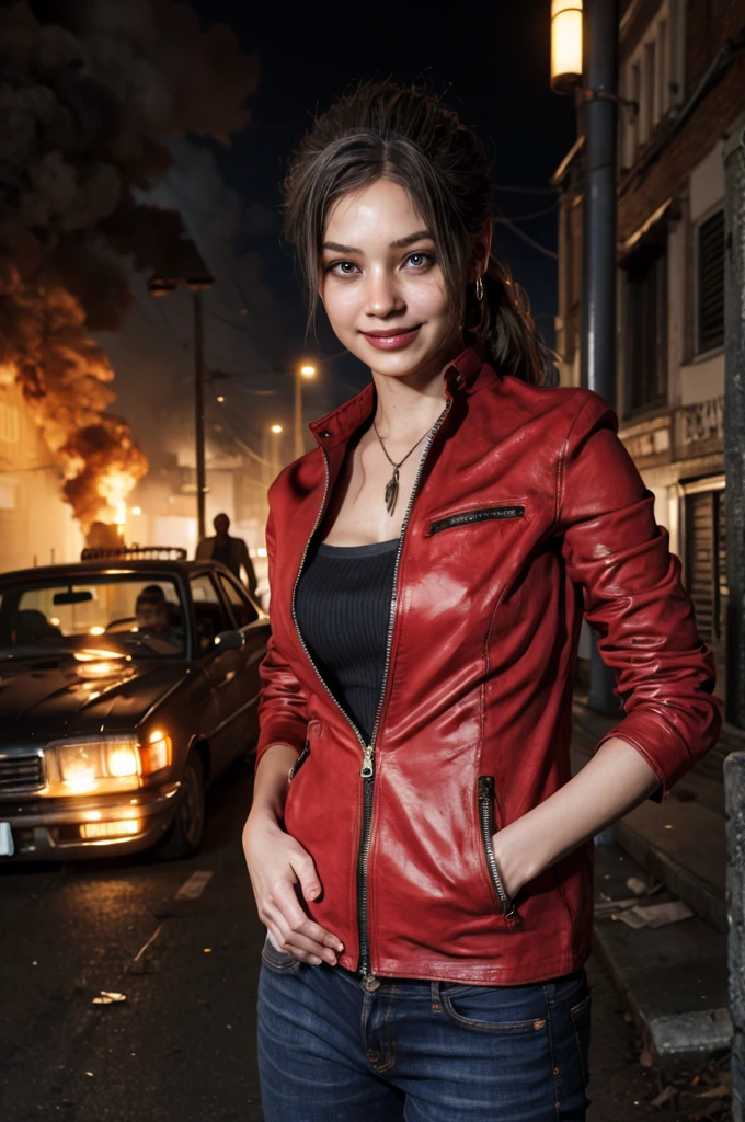 1girl, (realistic),(hyperrealism),(best quality),(masterpiece),(ultra high res),(photorealistic),idol,eye makeup,detailed eyes,detailed face,black dress, claireredfield2, brown hair, (red jacket:1.2), ponytail, (denim pants:1.3),, red wristband,, abandoned street, burning cars in background, littered street, smoke, chaos, zombie apocalypse, daytime, sunny,, hands in pocket, looking at viewer, smiling, closeup shot