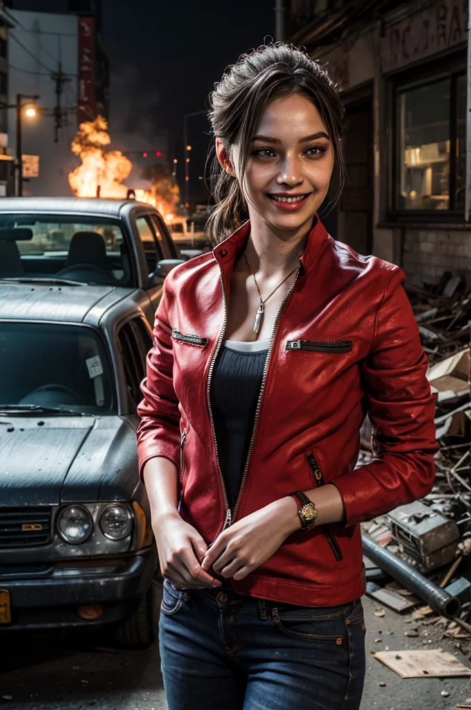 1girl, (realistic),(hyperrealism),(best quality),(masterpiece),(ultra high res),(photorealistic),idol,eye makeup,detailed eyes,detailed face,black dress, claireredfield2, brown hair, (red jacket:1.2), ponytail, (denim pants:1.3),, red wristband,, abandoned street, burning cars in background, littered street, smoke, chaos, zombie apocalypse, daytime, sunny,, hands in pocket, looking at viewer, smiling, closeup shot