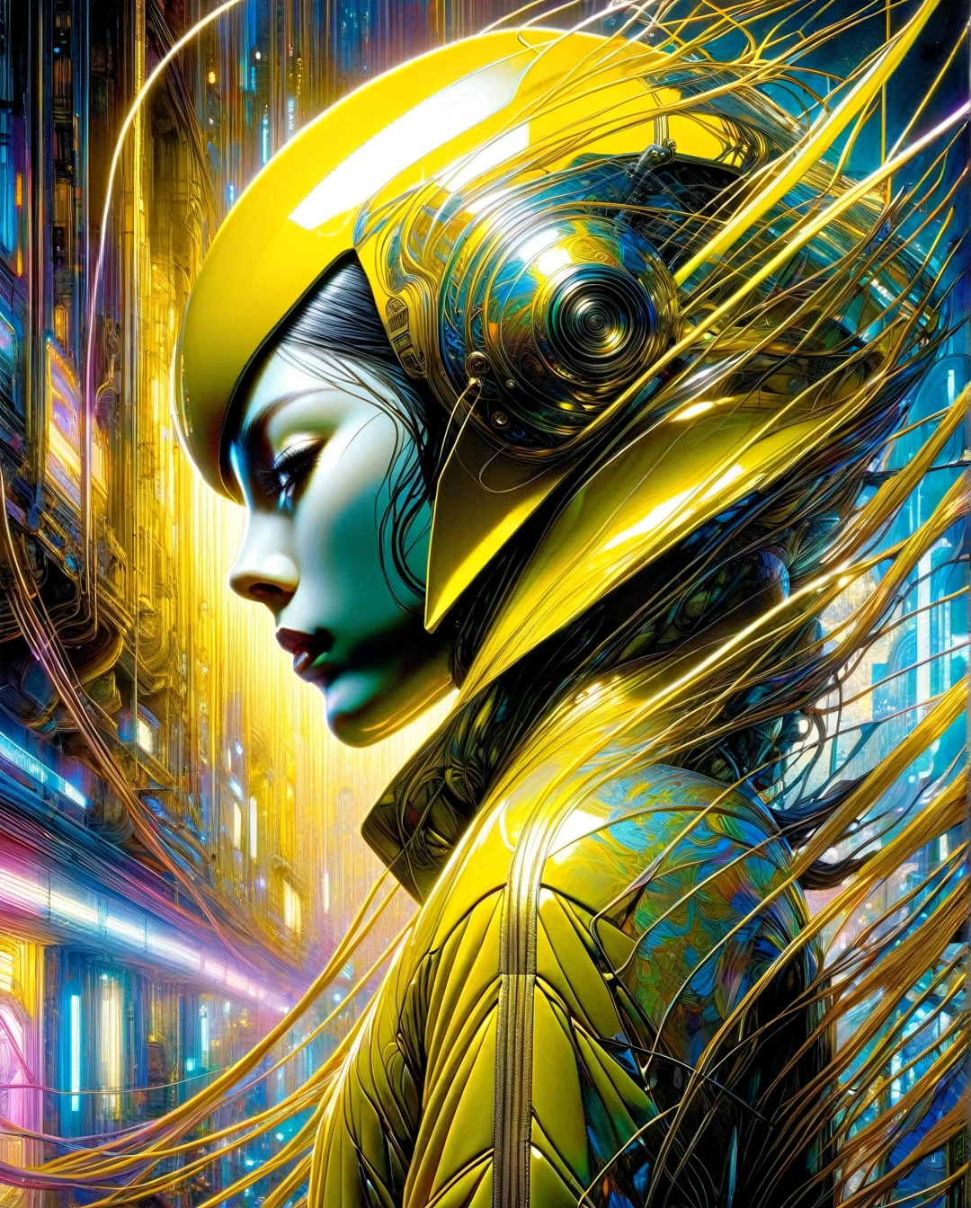 In a neon-lit cyberpunk space setting, a figure emerges clad in a sleek yellow jumpsuit, designed with a distinct art style reminiscent of Yoshiaki Kawajiri. The scene is portrayed in a vivid and elaborate digital painting, showcasing sharp edges and dynamic colors. The jumpsuit gleams with metallic sheen, accentuating the mysterious allure of the character. Every detail, from the sleek contours to the intricate patterns, contributes to the image's captivating and high-quality execution, drawing viewers into a futuristic world of intrigue and sophistication., artwork inspired by Brian Froud and Carne Griffiths and Wadim Kashin, intricate details, oil