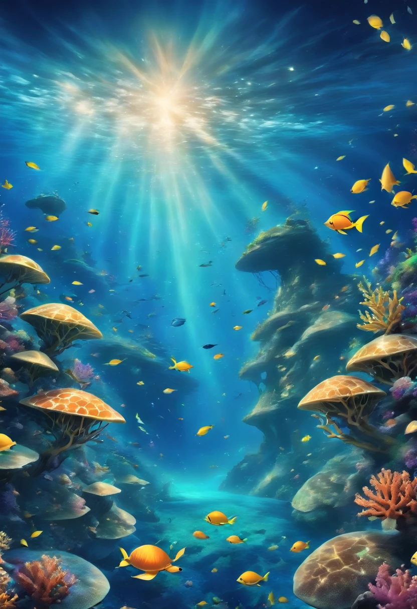 a beautiful detailed underwater scene with deep blue water, a variety of marine life, coral reefs, sunlight filtering through the water, schools of tropical fish, sea turtles swimming gracefully, bioluminescent plankton, a coral-encrusted shipwreck, realistic water simulation, stunning 8k resolution, cinematic lighting, vibrant colors, photorealistic, masterpiece, sharp focus, very detailed
