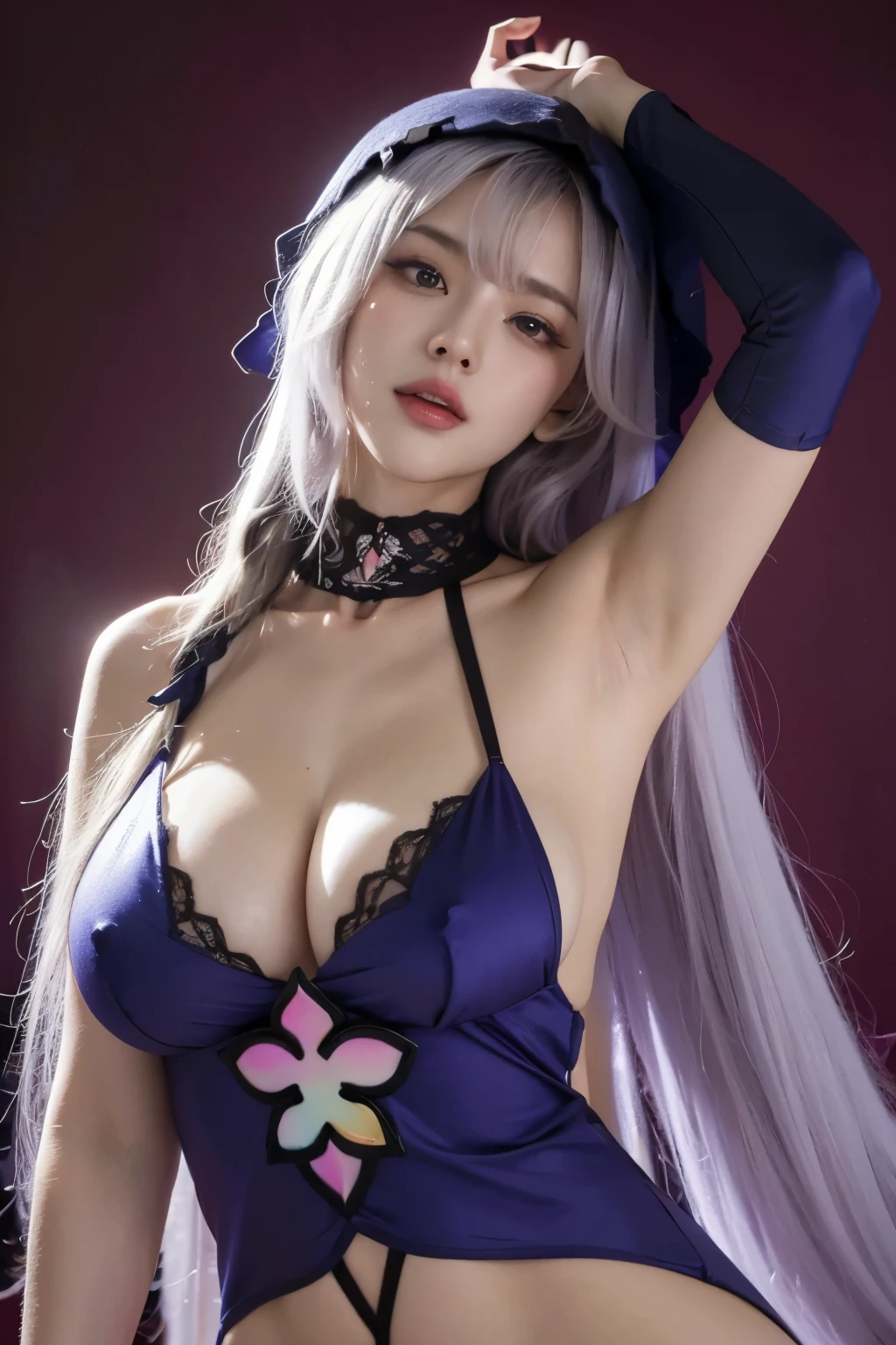 High quality, masterpiece, best solutions, sexy breasts, sexy body,beautiful breasts, perfect body, huge breasts,  sweat body, bunny  clothes , upper body, show armpits, Black Swan , genshin impacts,stick out tongue, stocking