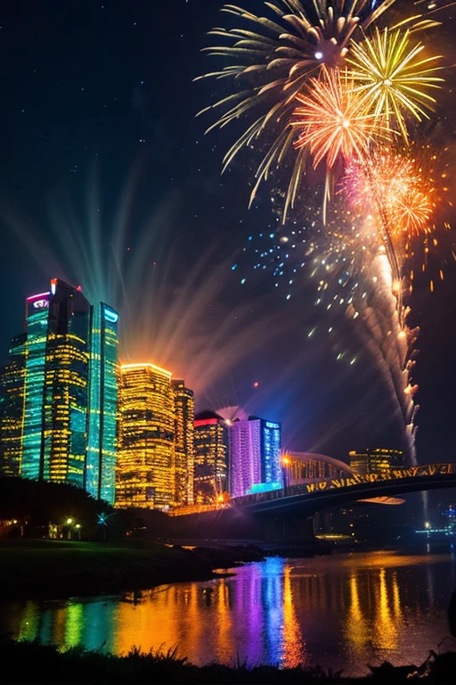 Highest quality、Landscape painting、firework、Neon lights in the city