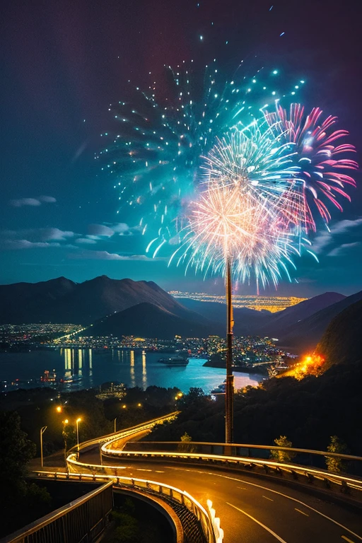Highest quality、Landscape painting、firework、Neon lights in the city