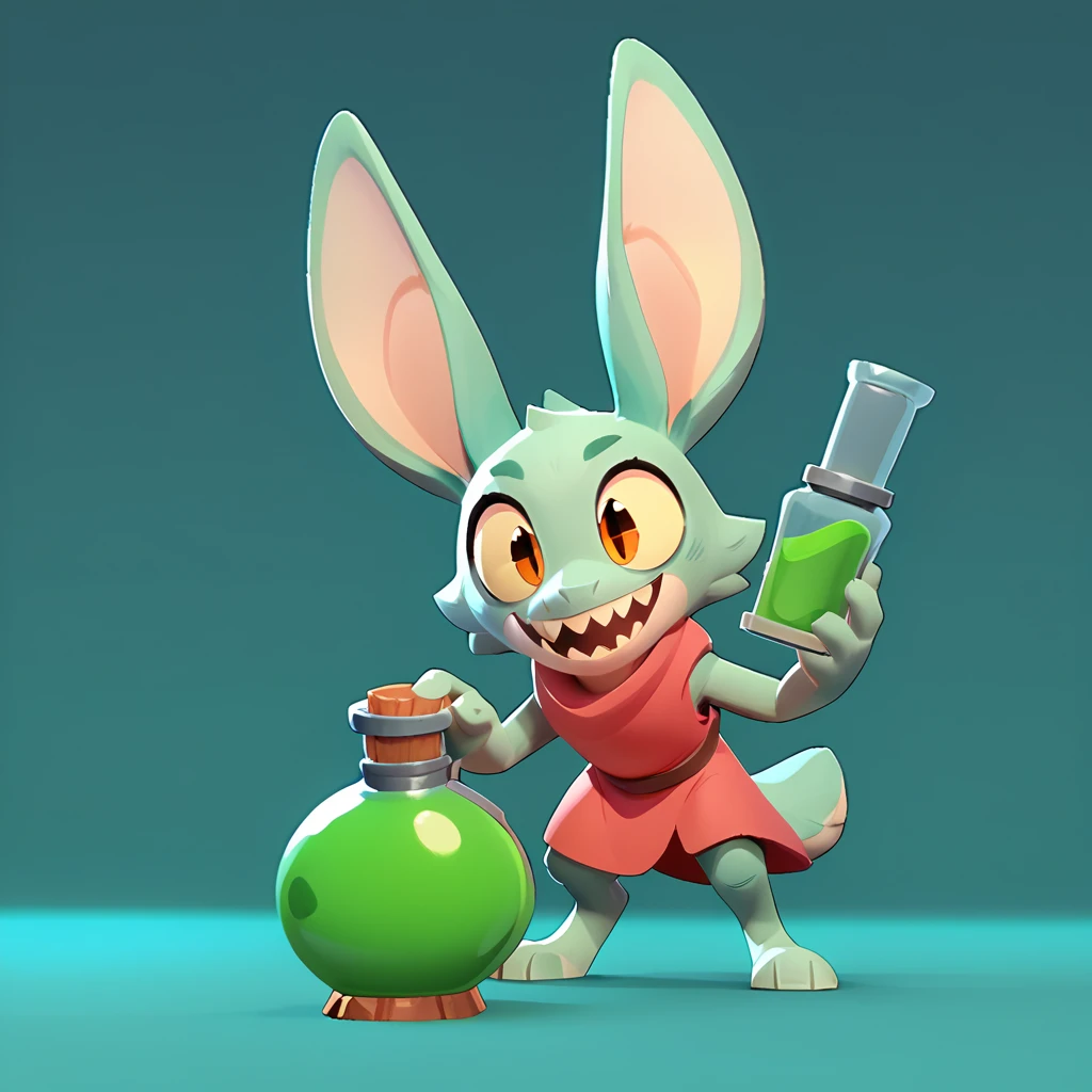 Full body view of a small spherical male monster with light teal fur, long ears, sharp teeth, smiling, holding a green potion in his hand, lies in a laboratory
