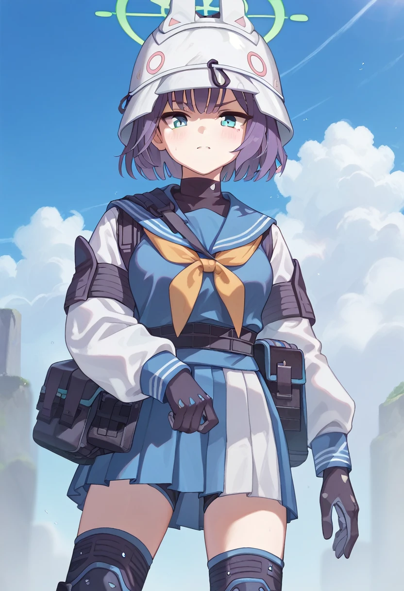 saki (blue archive),blue eyes,purple hair,short hair,halo,sailor collar,serafuku,pleated skirt,gloves,helmet,fake animal ears, boots,knee pads