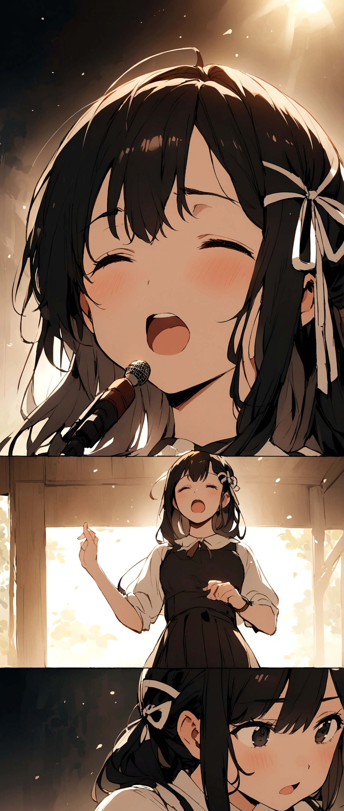 Black Hair、long、Ribbon hair ornament on the right、singing、Girl
