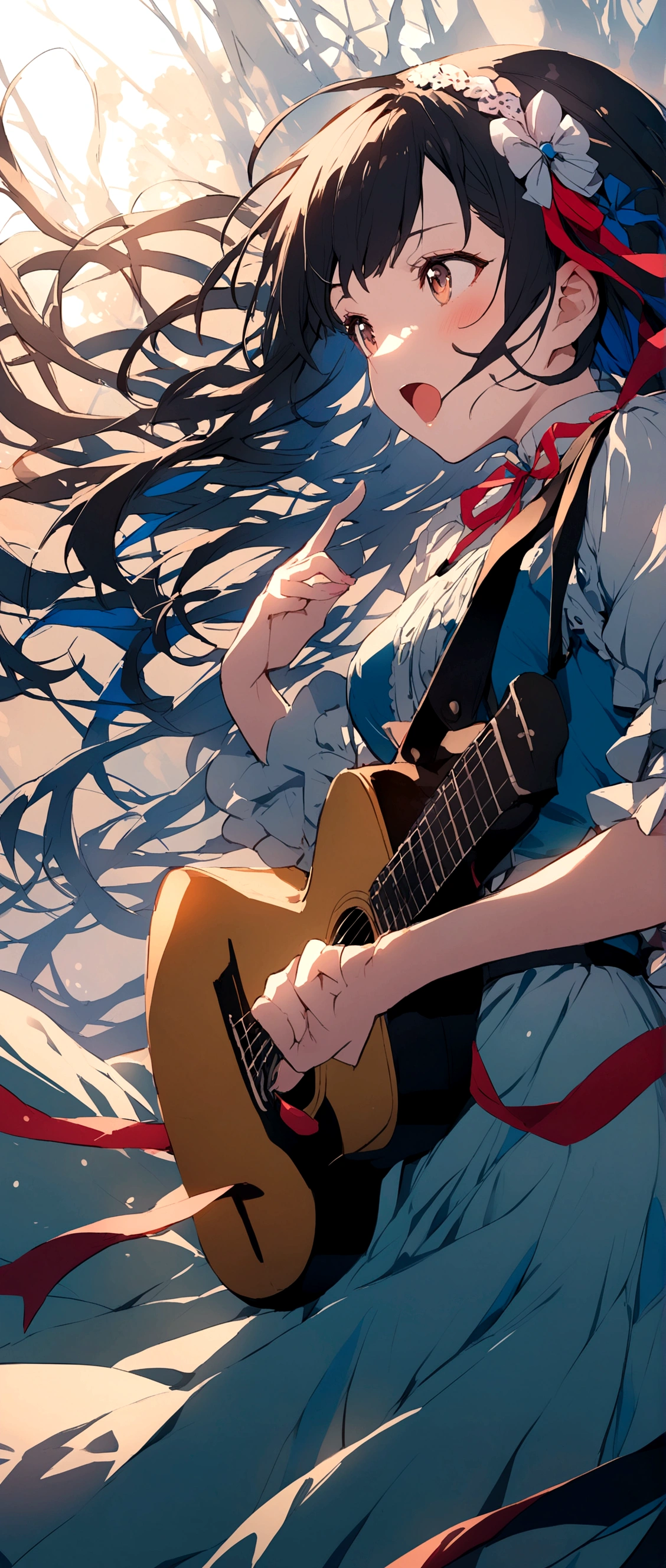 Black Hair、long、Ribbon hair ornament on the right、singing、Girl