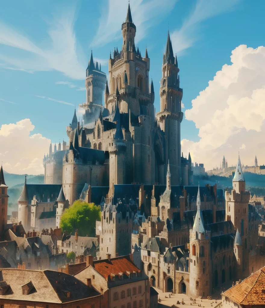 There is a big castle,There is a bell tower above, Medieval city background, An epic castle with towering spires, Medieval city, Town Background, medieval town landscape, Fantasy City, Fantasy cityscape, fantasy city background, Detailed 4k, a Medieval city, Medieval fantasy town, 8k high quality detailed art, Cathedral Background, Castle Background,Realistic style(0.5)