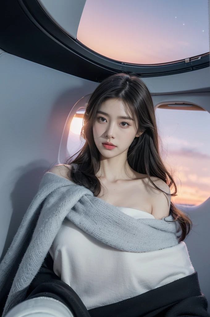 (((best quality))),(((ultra detailed))),(((masterpiece))),illustration,(a beautiful girl,female passenger,solo),((slim,thin,small breasts,flat chest)),(slender legs:1.2),summer night,((in airplane,economy class,indoor)),(blanket over shoulders:1.3),((dress)),(shoulder length straight bob hair:1.2),stars,moonlight,smooth flight,engine sound,lullaby,relaxed,excited,happy,visiting family,comfortable seats,soft fabric,headrests,adjustable,beauty of night sky,thinking about family,friends,dimmed lights,sleeping passengers,movies,personal screens,staying awake,magic of sky,joy of being with family,memorable journey,adventures,(surrounded by crowded crowds:1.3),(Outside the window is high-altitude night view:1.2),((from front,upper body))