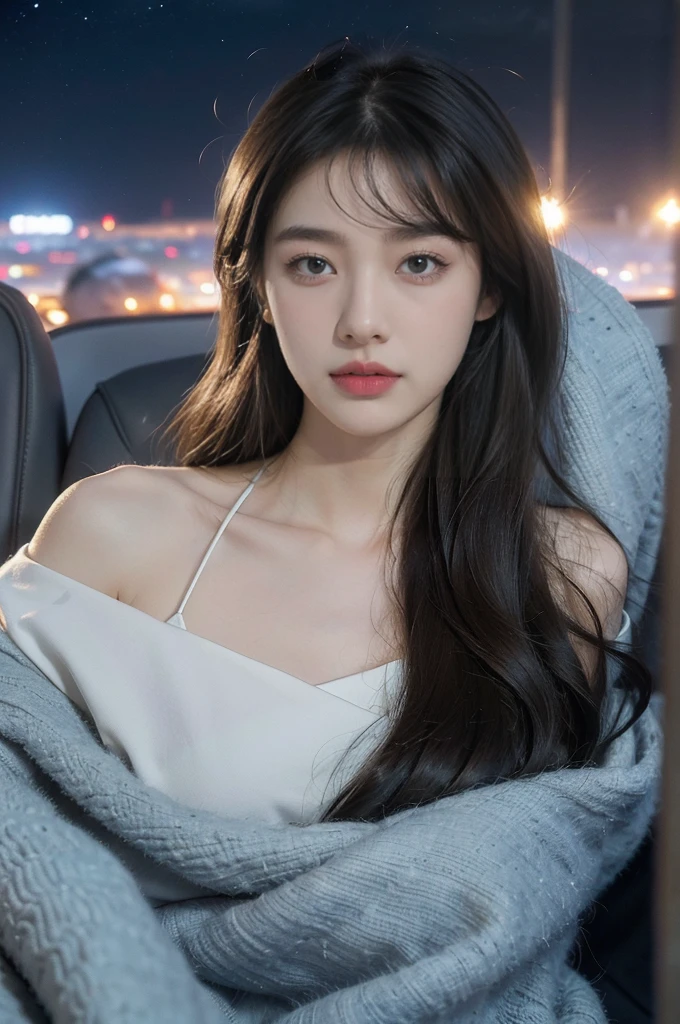 (((best quality))),(((ultra detailed))),(((masterpiece))),illustration,(a beautiful girl,female passenger,solo),((slim,thin,small breasts,flat chest)),(slender legs:1.2),summer night,((in airplane,economy class,indoor)),(blanket over shoulders:1.3),((dress)),(shoulder length straight bob hair:1.2),stars,moonlight,smooth flight,engine sound,lullaby,relaxed,excited,happy,visiting family,comfortable seats,soft fabric,headrests,adjustable,beauty of night sky,thinking about family,friends,dimmed lights,sleeping passengers,movies,personal screens,staying awake,magic of sky,joy of being with family,memorable journey,adventures,(surrounded by crowded crowds:1.3),(Outside the window is high-altitude night view:1.2),((from front,upper body))