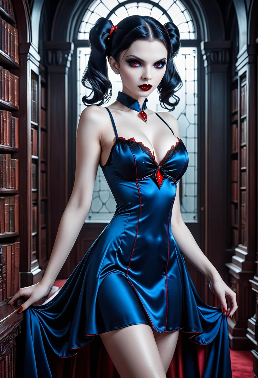 fantasy art deco (art deco: 1.5) A (black and white: 1.5) glamours (vampire: 1.5) model shot, RAW, award winning, of an exquisite beautiful 1solo female vampire, ultra feminine, full body, busty woman, most beautiful face ultra detailed face, ((long twin tails: 1.3)), pale skin, glowing (red: 1.3) eyes, wearing (blue: 1.5) silk glamour intricate dress, wearing intricate high heels, light make up, ancient library background, (black and white filter: 1.4), (anatomically correct: 1.4), 1960s photoshoot style, picture taken from dynamic range, vibrant, Ultra-high resolution, High Contrast, (masterpiece:1.5), highest quality, Best aesthetics), best details, best quality, highres, ultra wide angle, 16k, [ultra detailed], masterpiece, best quality, (extremely detailed), Intense Gaze, dark novel, mega twintails