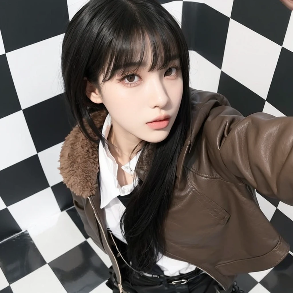 Korean girl with long black hair, straight and with bangs. Ulzzang girl with gothic style and soft face. He has black hair with bangs and pale skin.. He wears a brown leather jacket and a white shirt.