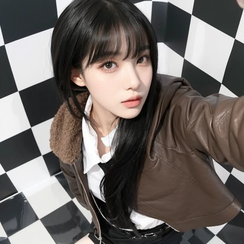 Korean girl with long black hair, straight and with bangs. Ulzzang girl with gothic style and soft face. He has black hair with bangs and pale skin.. He wears a brown leather jacket and a white shirt.