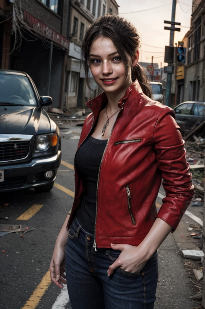 1girl, (realistic),(hyperrealism),(best quality),(masterpiece),(ultra high res),(photorealistic),idol,eye makeup,detailed eyes,detailed face,black dress, claireredfield2, brown hair, (red jacket:1.2), ponytail, (denim pants:1.3),, red wristband,, abandoned street, burning cars in background, littered street, smoke, chaos, zombie apocalypse, daytime, sunny,, hands in pocket, looking at viewer, smiling, closeup shot