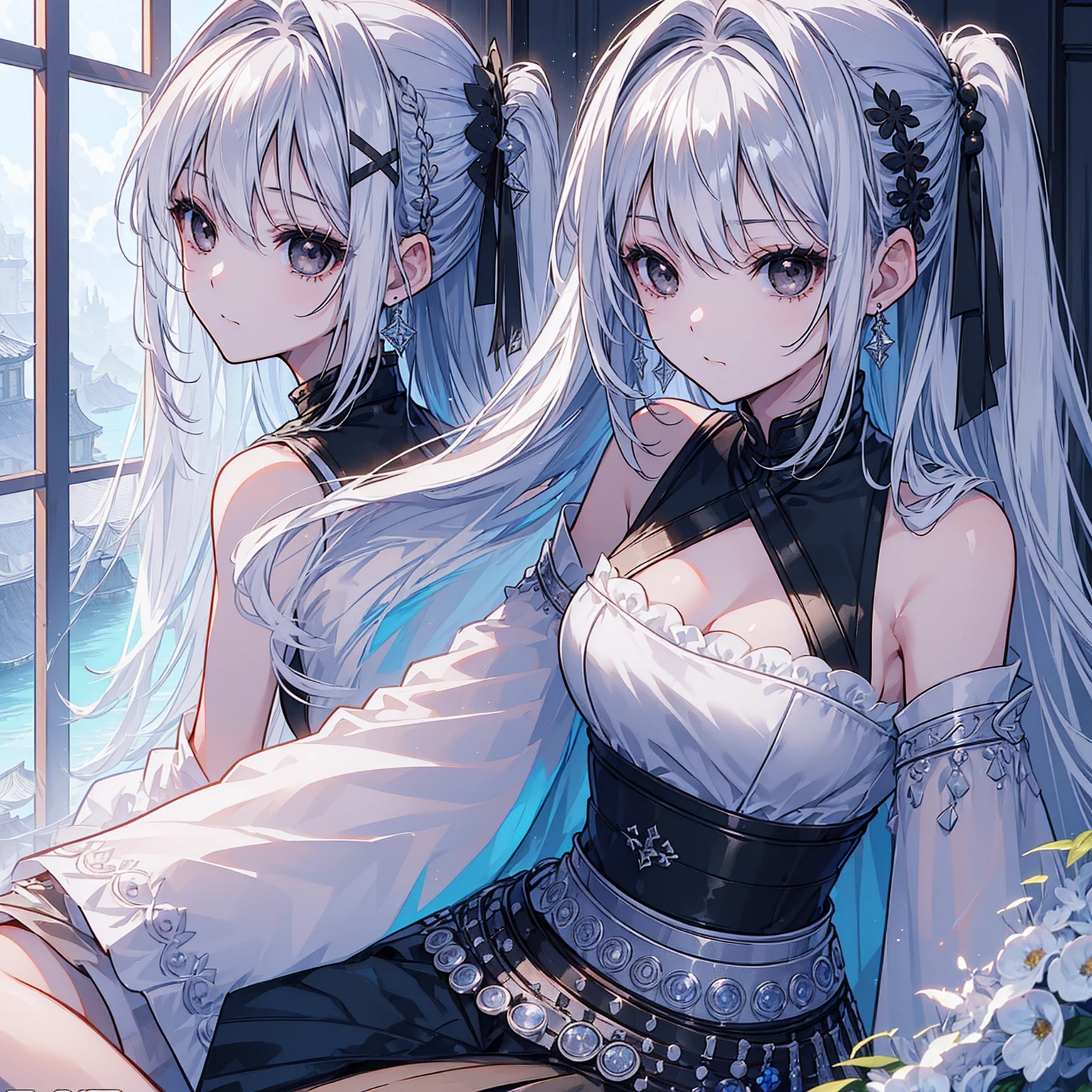 (Top image quality)、(Ultra Detailed)、(Facing forward)、top quality、masterpiece、((((1 girl))))、Silver Hair、white hair、((Long hair))、(black eyes:1.6)