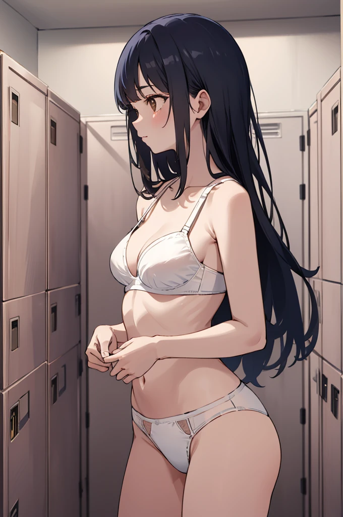 aaanna, long hair, brown eyes,white bra,white panties,locker room,,,looking away,cowboy shot,medium breasts