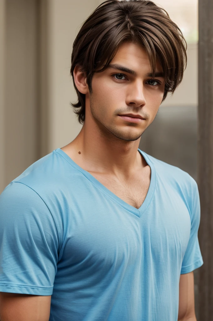 A young man with medium-length tousled brown hair, wearing a light blue v-neck t-shirt, looking intently at the camera with a serious expression. Photorealistic, high-quality, sharp focus, natural lighting.