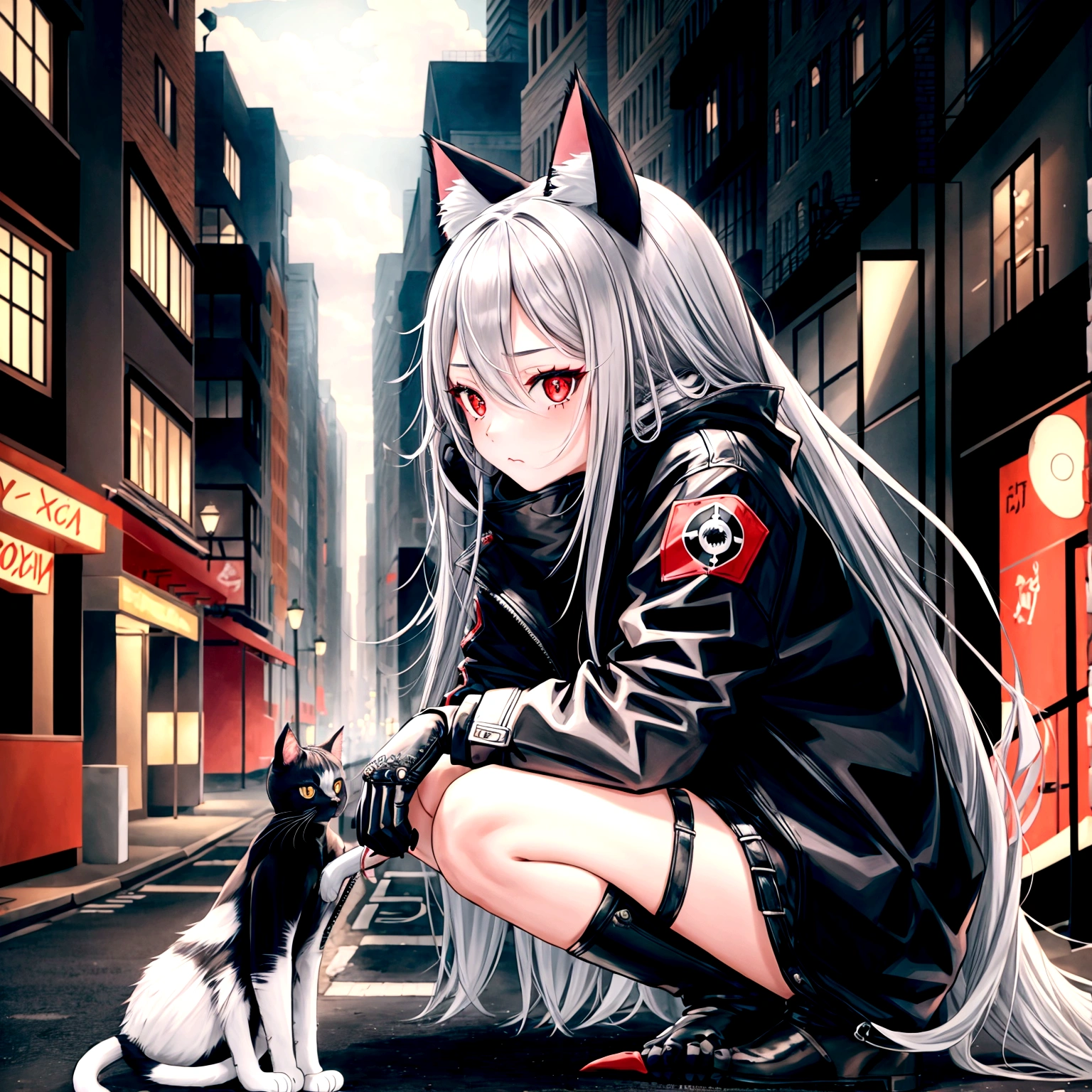 1 girl, cool, shy, long hair, gray hair, cat ear, red eye, black jacket, black gloves, city, town, squat, 10 fingers